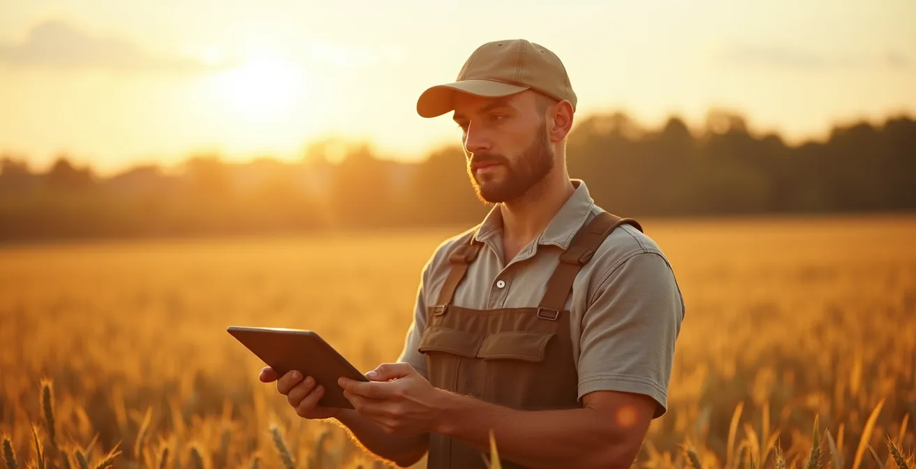Agriculteur consultant une tablette numérique au milieu d'un champ de blé avec graphiques de données visibles