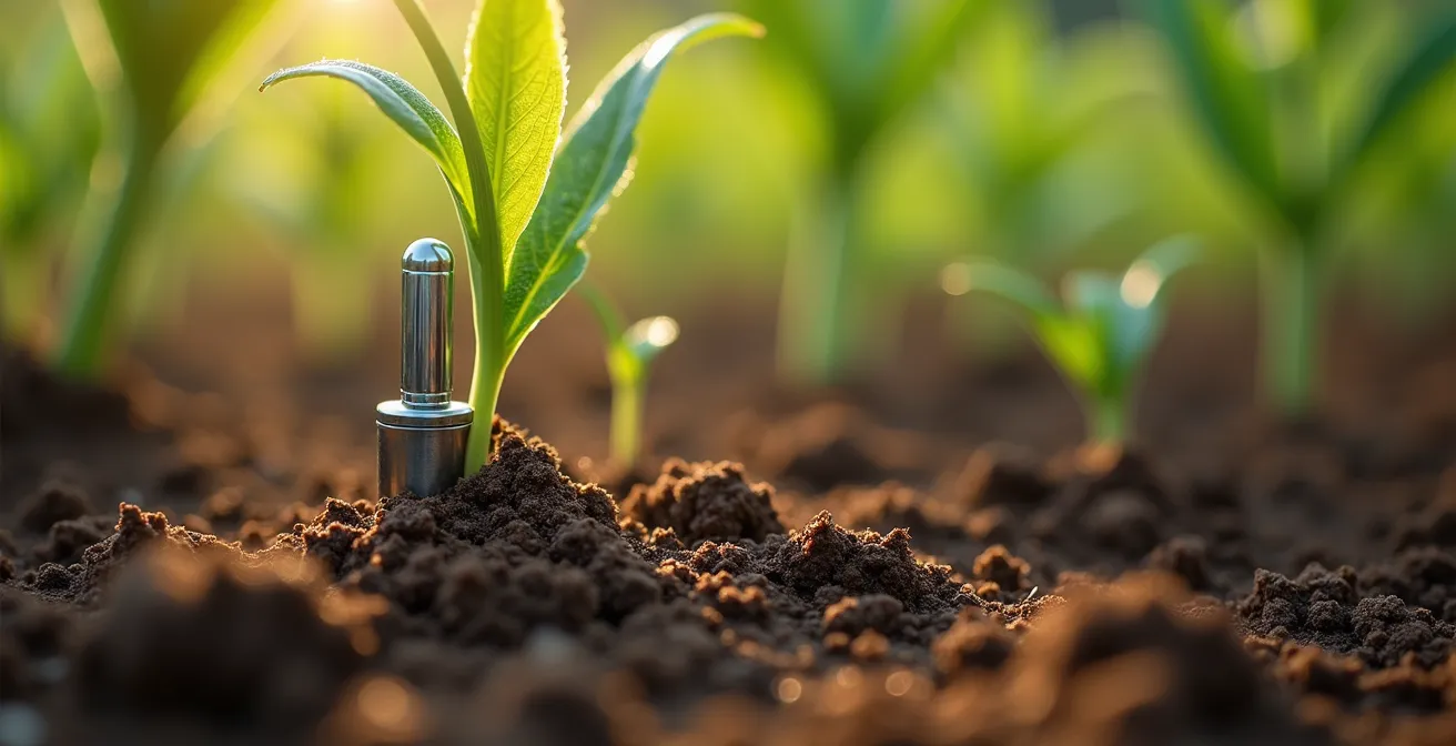 Gros plan sur un capteur d'humidité planté dans un sol agricole avec des racines visibles