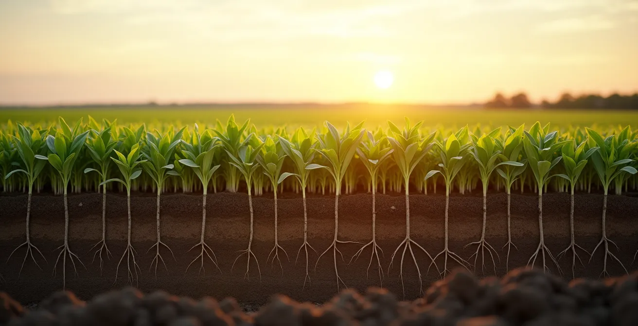 Système racinaire dense de couverts végétaux structurant le sol