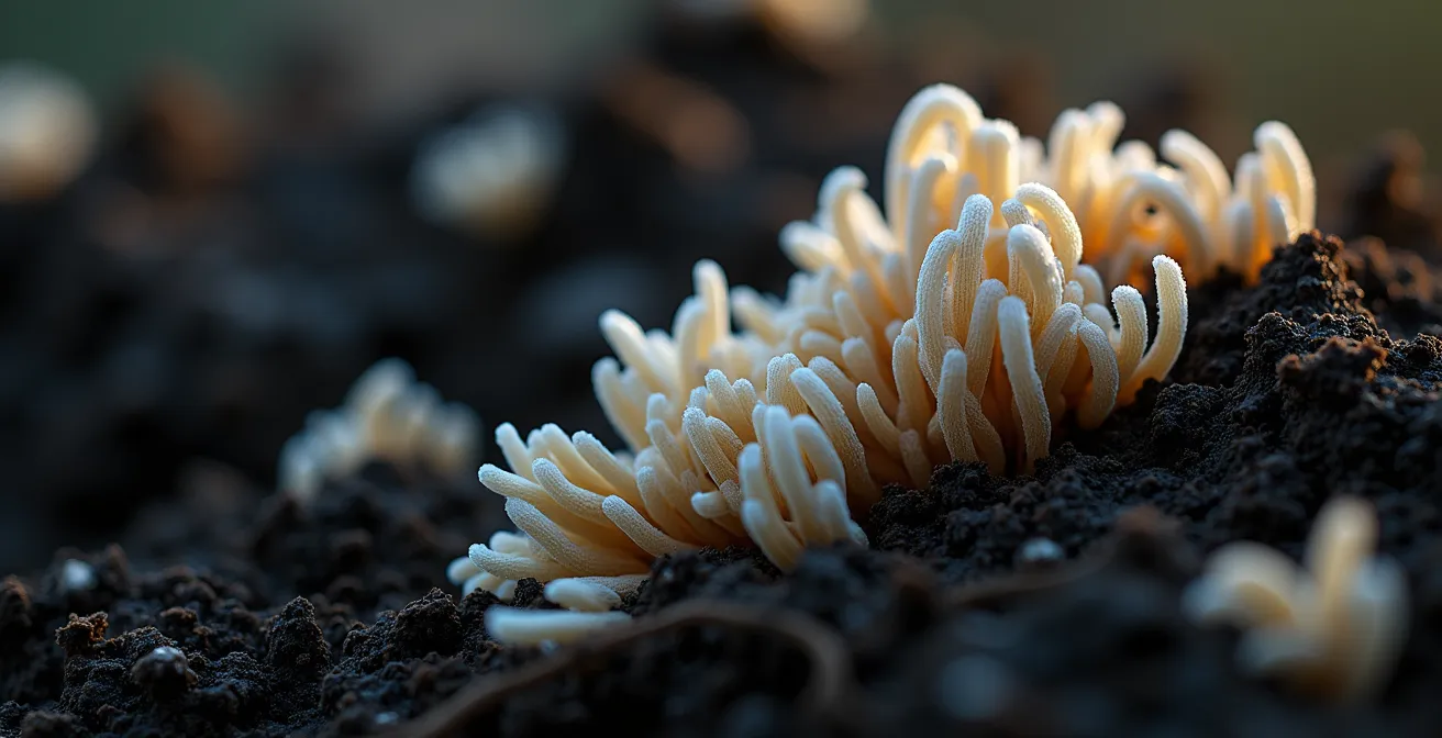 Réseau de filaments mycorhiziens entrelacés avec des racines de plantes