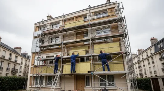 Façade d'immeuble résidentiel années 70 en cours de rénovation énergétique avec échafaudages