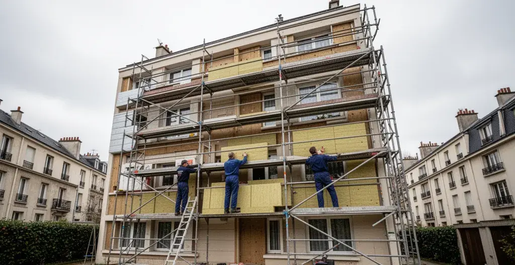 Façade d'immeuble résidentiel années 70 en cours de rénovation énergétique avec échafaudages