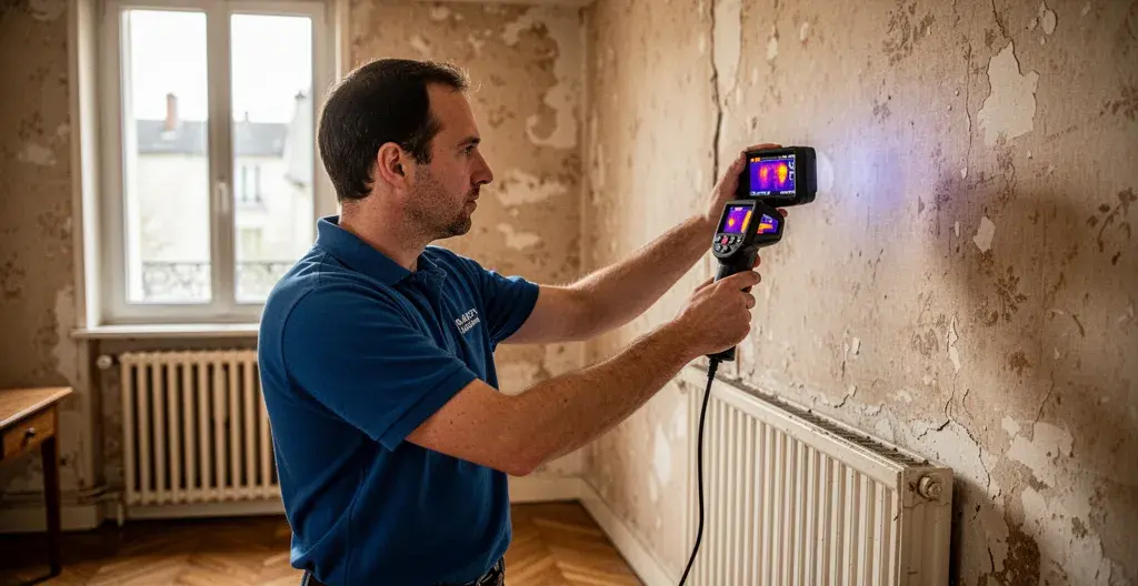 Technicien réalisant un audit énergétique avec caméra thermique dans un appartement