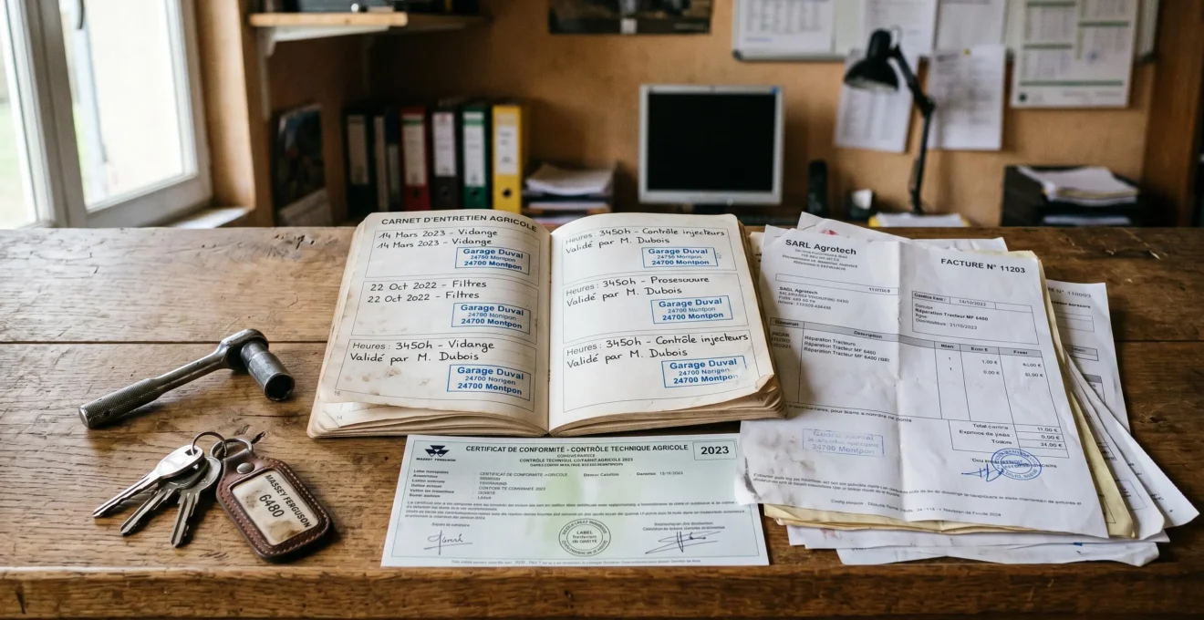 Carnet d'entretien ouvert avec tampons de révisions, factures de maintenance et certificat technique sur un bureau d'exploitation agricole, documents en français