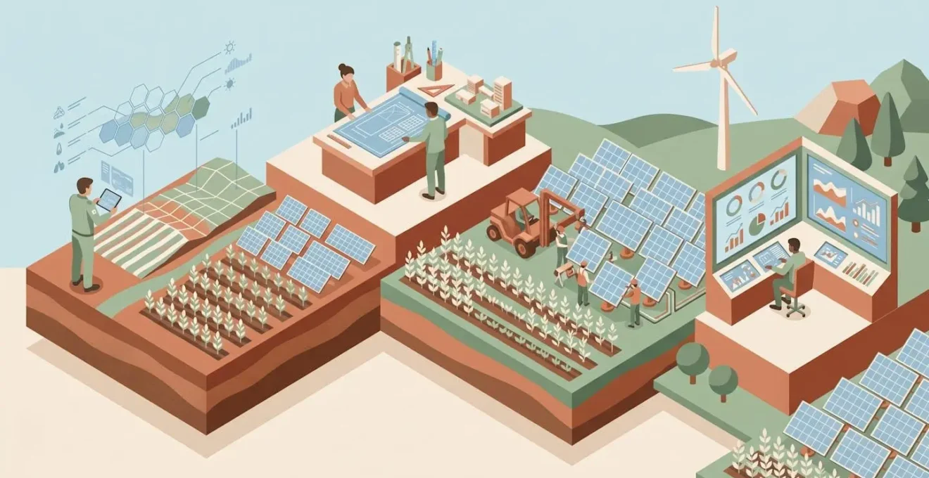 Illustration isométrique des quatre étapes d'un projet agri-énergie accompagné : analyse du territoire, conception du projet, déploiement technique, suivi de performance