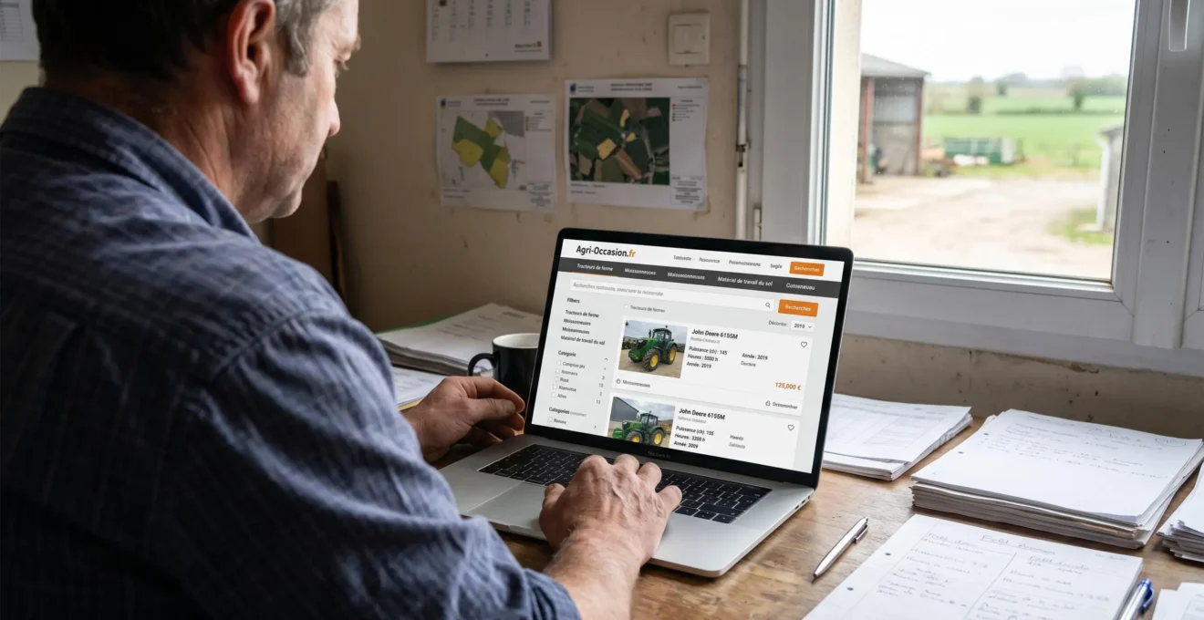 Exploitant agricole consultant une plateforme professionnelle de vente de matériel agricole sur ordinateur portable dans son bureau d'exploitation, interface en français visible à l'écran