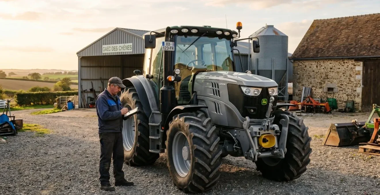Exploitant agricole vérifiant la documentation technique d'un tracteur reconditionné dans une cour d'exploitation française, lumière naturelle de fin de journée, bâtiments agricoles à l'arrière-plan