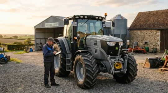 Exploitant agricole vérifiant la documentation technique d'un tracteur reconditionné dans une cour d'exploitation française, lumière naturelle de fin de journée, bâtiments agricoles à l'arrière-plan