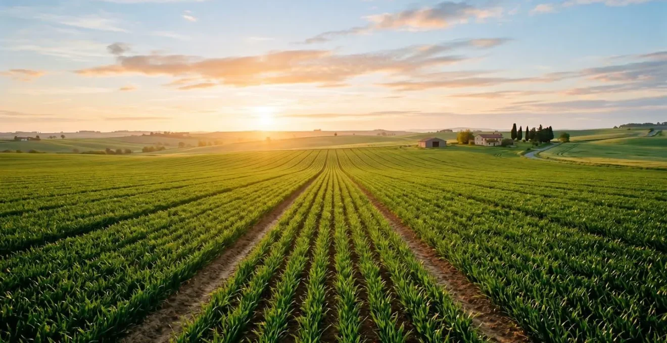 Paysage agricole moderne avec rangées de cultures symétriques sous une lumière dorée matinale, symbolisant la vision stratégique à long terme
