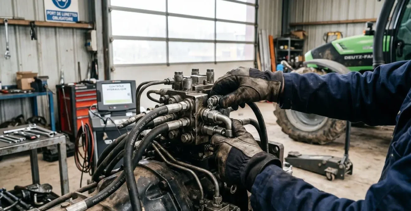 Gros plan sur les mains d'un technicien inspectant un système hydraulique de tracteur dans un atelier agricole français, outils professionnels à proximité