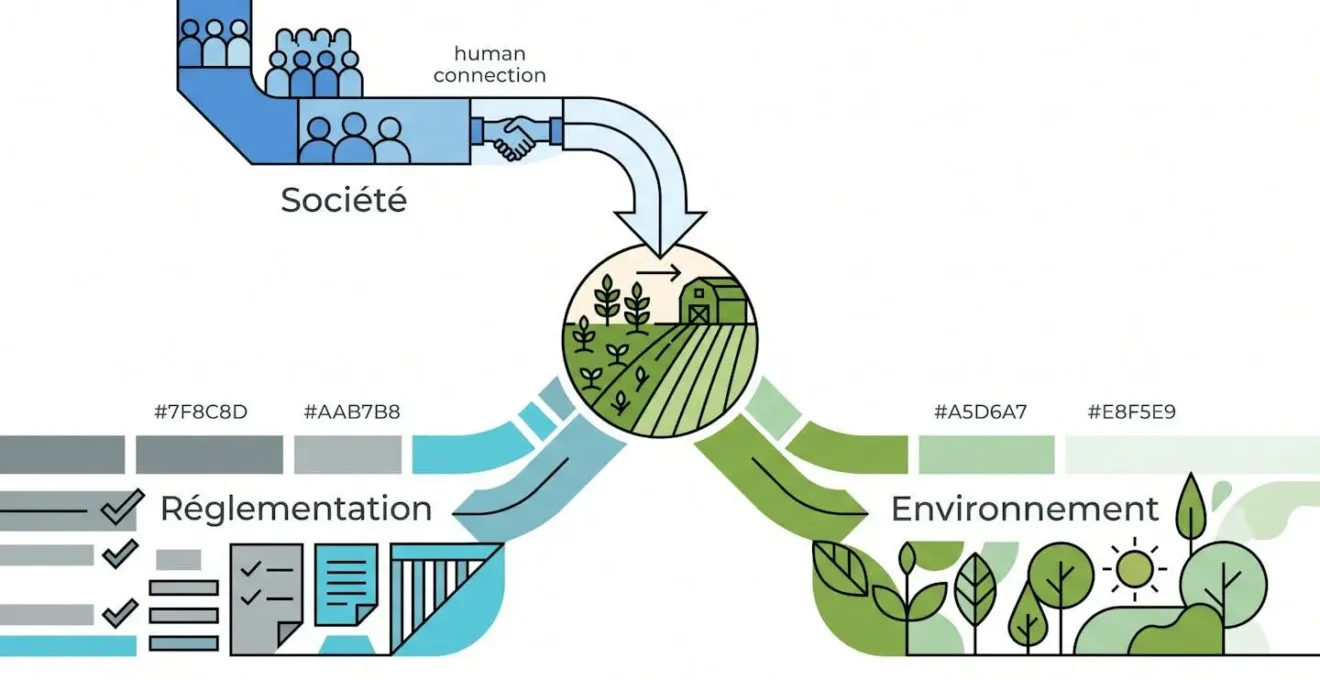 Représentation schématique des trois axes de mutation agricole — société, réglementation, environnement — sous forme de flux convergents vers le centre